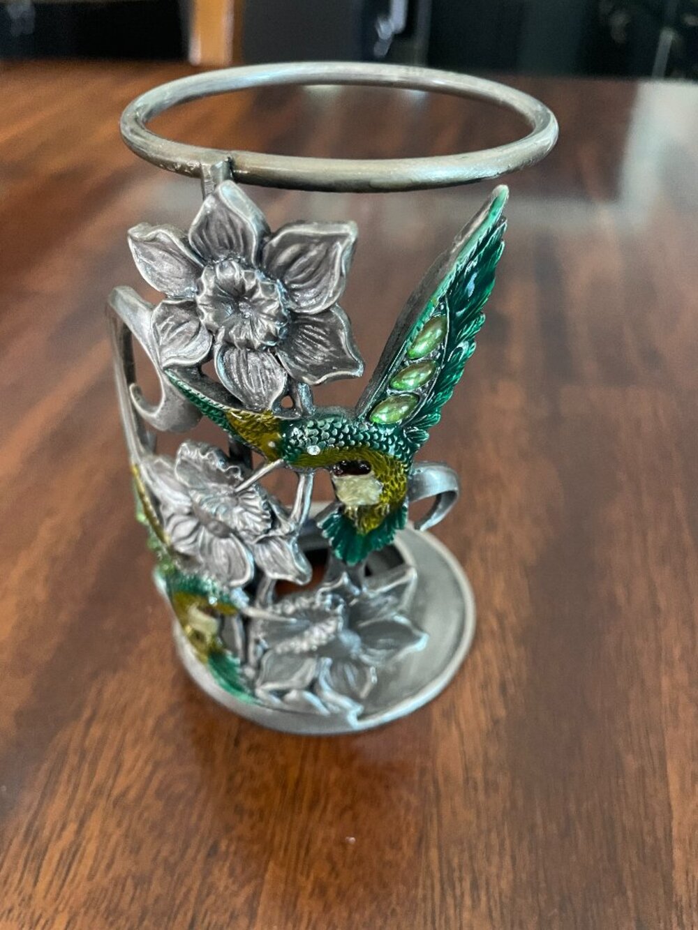 "WF Pewter Tealight/Votive Hummingbird Candle Holder with Green Coloring 4.75"